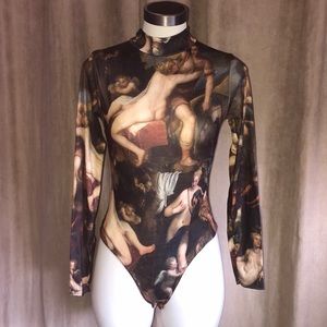 Brand new PrettyLittleThing renaissance print high neck body suit SIZE 6